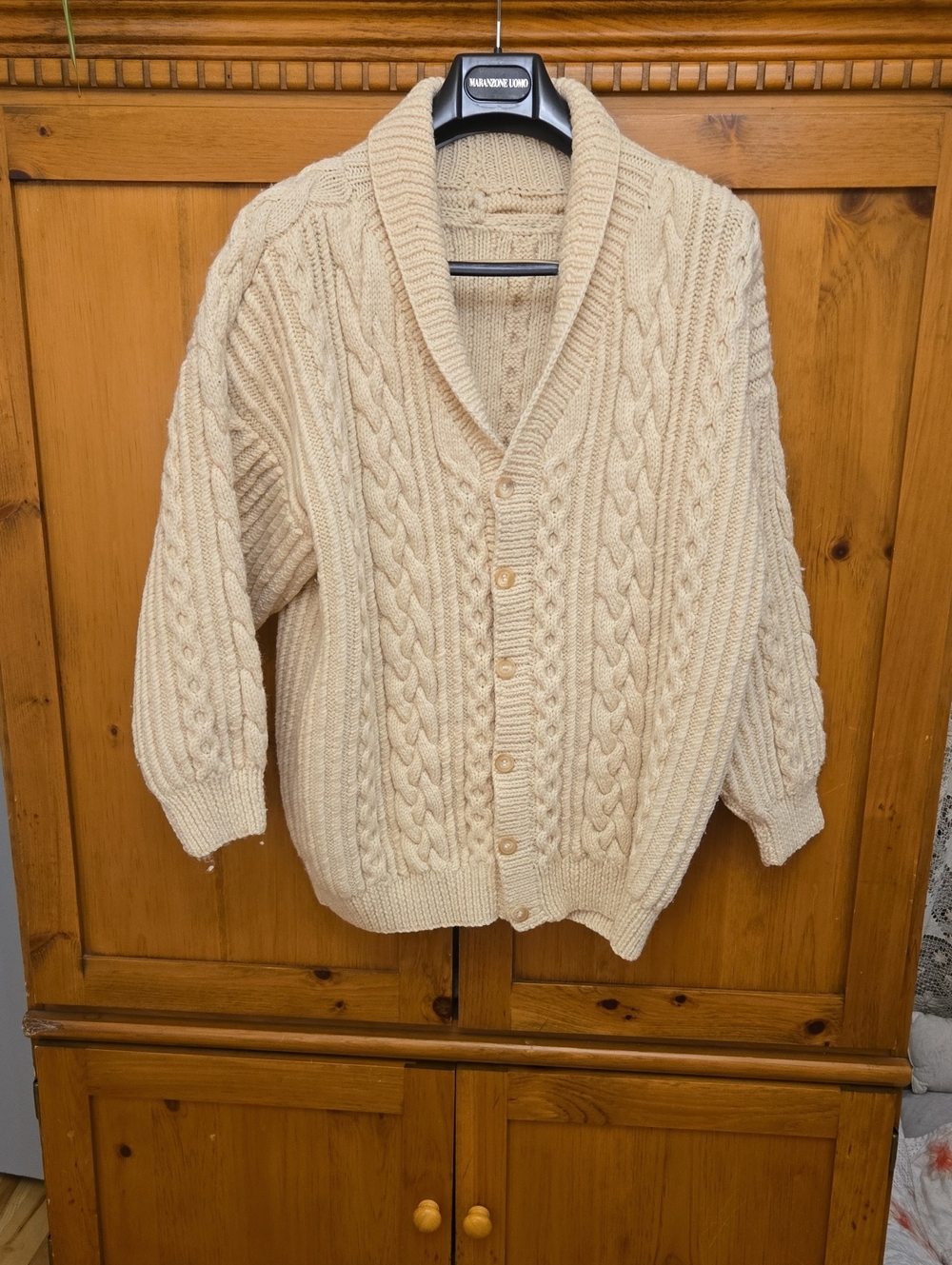 Chunky Cable Knit Shawl Collar ARAN style Wool Cardigan